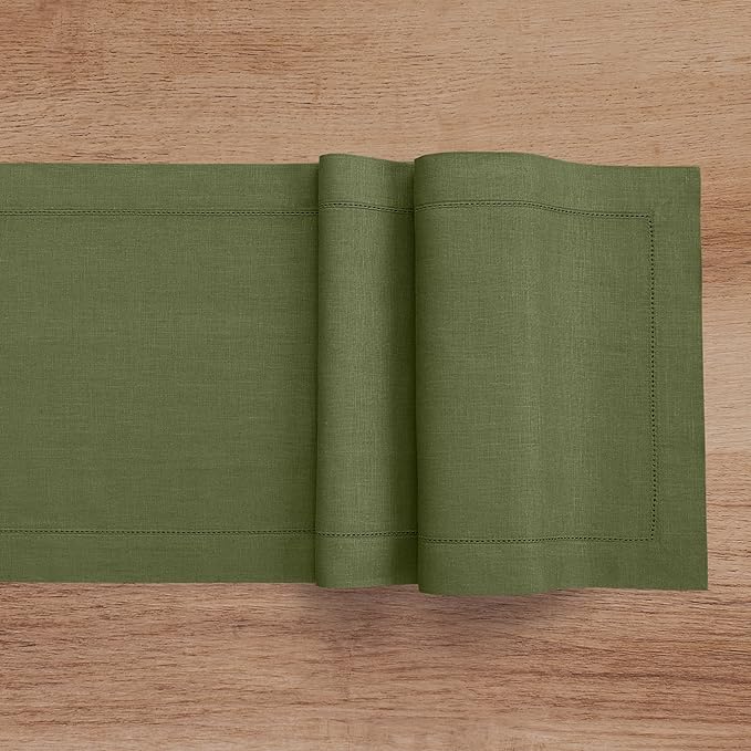 Solino Home Linen Olive Table Runner 72 Inches Long - 100% Pure Linen Hemstitch Table Runner 14 x 72 Inch for Dresser, Dining, Fall, Autumn, Thanksgiving - Classic Hemstitch