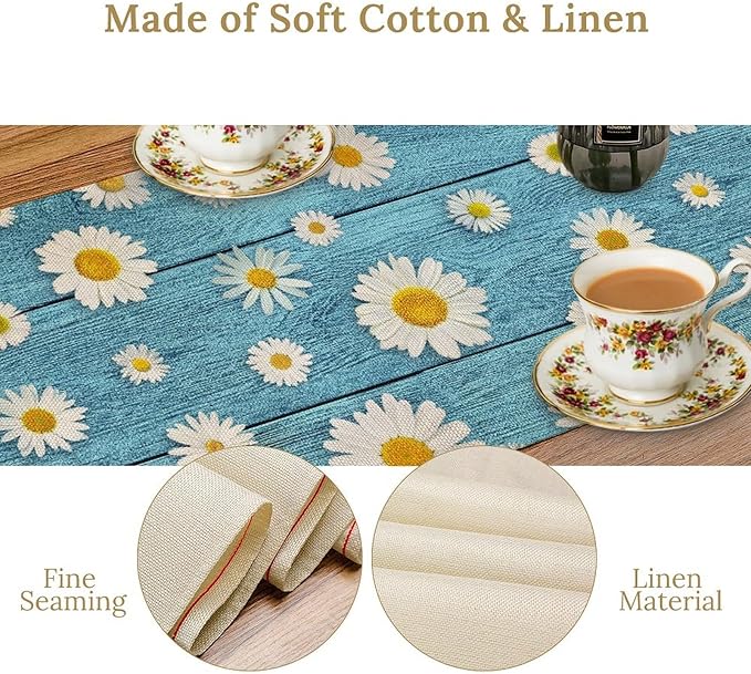Daisy Floral Table Runner, Spring Seasonal Summer Wild Flower Rustic Country Farmhouse Table Center Decor for Home Kitchen Dining Patio Holiday Party Indoor Outdoor Table Decorations, 13"x72" Inch
