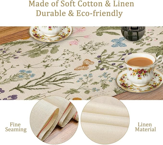 Floral Botanical Table Runner, Garden Spring Flower Botanical Butterfly Animal for Restaurant, Kitchen, Wedding, Party Rectangular Table Runner Decoration,13in（33cm） W * 60in（152cm） L