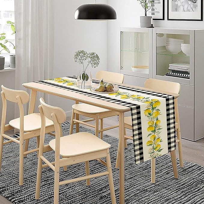 Lemon Table Runner,Black Buffalo Plaid Lemon Table Runner Farmhouse Style Spring Summer Home Kitchen Dinding Room Table Decoration 13x36 Inch