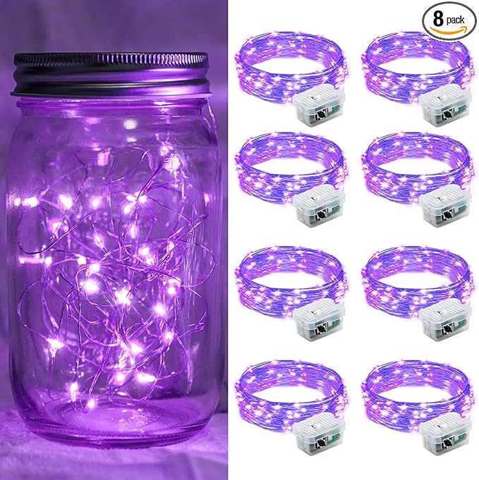 8 Pack Purple Fairy Lights 7Ft 20 LED Twinkle String Lights 3 Modes Battery Operated Waterproof Firefly Starry for Mason Jar Party Wedding Christmas Valentines Day Table Centerpieces