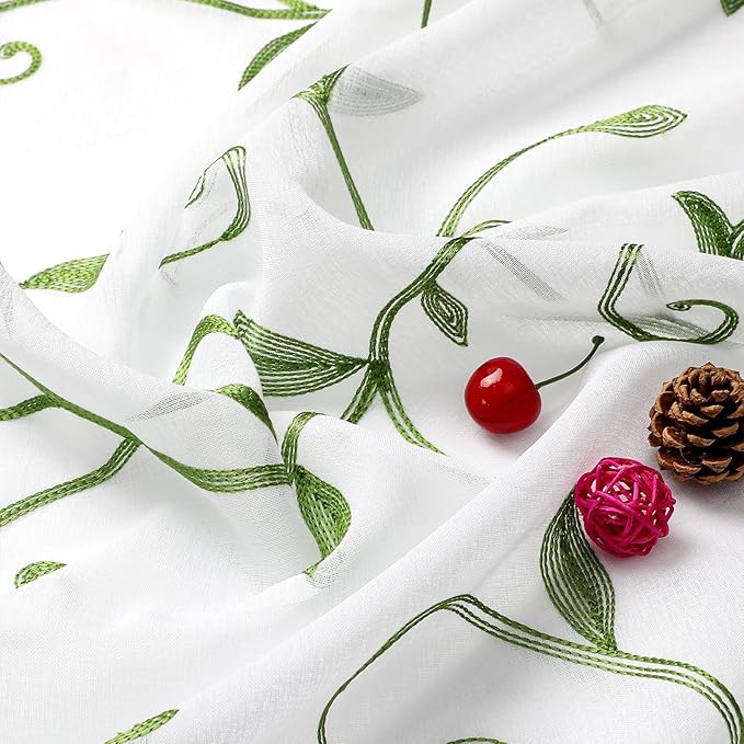 VISIONTEX Embroidered Green Sheer Voile Curtains, Leaves Embroidery Faux Linen Rod Pocket Window Drapes for Living Room and Girls Bedroom 54 x 63 Inch, Set of 2 Curtain Panels