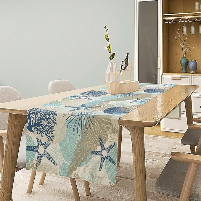 Nautical Coastal Table Runner，Ocean Themed Starfish Coral Conch Beach Kitchen Dinning Table Decoration for Indoor Outdoor Home Party Decor 13x108 Inch