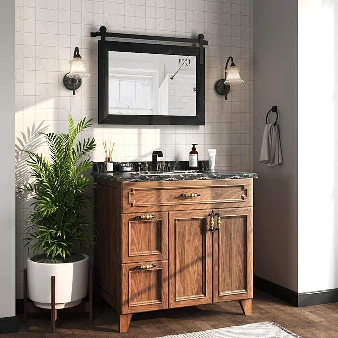COGOOD Farmhouse Barn Door Mirror - 25" x 18" Rustic Wood Framed Decrative Mirror for Bathroom, Living Room, Entryway Wall Decor (Black)