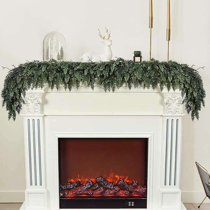 Realistic Christmas Garland for Mantle 6FT Real Touch Thick/Lush Artificial Cedar Garlands Christmas Decorations Indoor Christmas Garland for Stairs Railing Outdoor Fireplace Table Xmas Holiday Decor