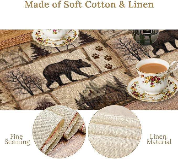 Rustic Cabin Table Runner, Retro Moose Cone Deer Bear Farmhouse Lodge Table Runner for Dinner Living Room Kitchen Vintage Country Cottage 13x108 Inch