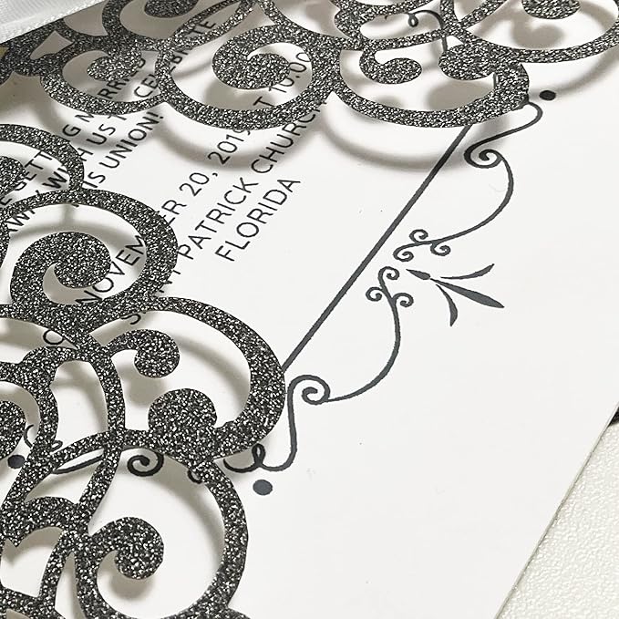 50Pcs Laser Cut Black Wedding Invitation With Glitter Envelopes And Ribbons Blank Personalized Card Invitaciones Para quinceañera Birthday Baby Shower Christmas Party Bridal Shower