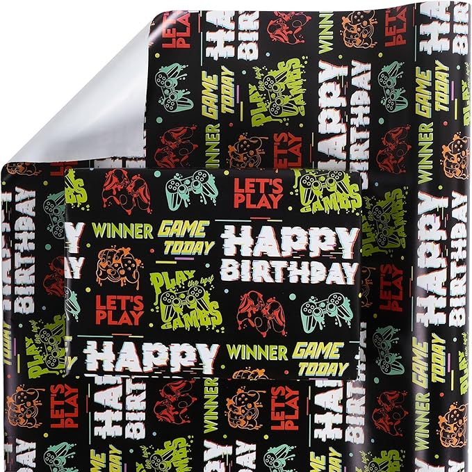 Aimyoo Gaming Birthday Wrapping Paper Roll - 17 Inch X 32.8 Feet - Black Happy Birthday Video Game Pattern Gift Wrap Paper for Boys Party, Baby Shower, Holiday