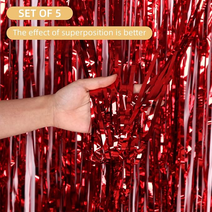 5 Pack Red Foil Curtain Backdrop 3.2ft x 9.8ft Metallic Tinsel Foil Fringe Curtains Streamer Photo Booth Backdrop for Birthday Party Engagement Bachelorette Party Decorations (Red)