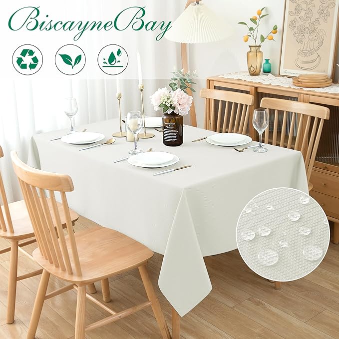 Biscaynebay Textured Fabric Tablecloths 60x84 Inches Rectangular, Ivory Water Resistant Tablecloths for Dining, Kitchen, Wedding, Parties etc. Machine Washable