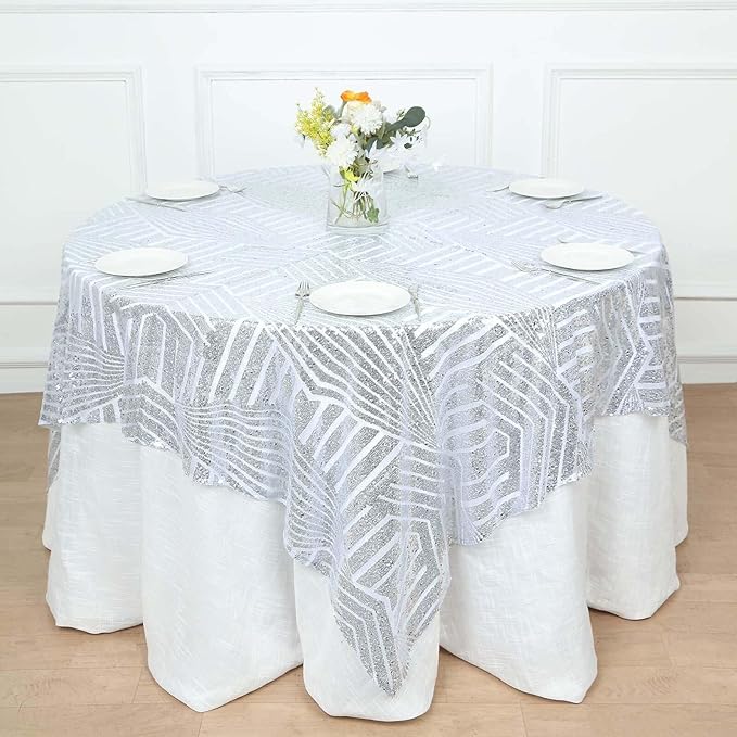 Efavormart 72" Silver Sparkly Sequin Geometric Tulle Square Table Overlay