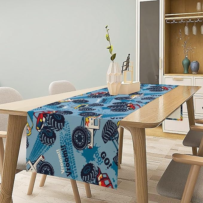 Monster Truck Table Runner,for Kids Boys Cool Colorful Cartoon Blue Cars Pattern Print Tablecloth Burlap for Hotel Indoors Outdoor Dining Room Kitchen Home Decor,W13X L60 in