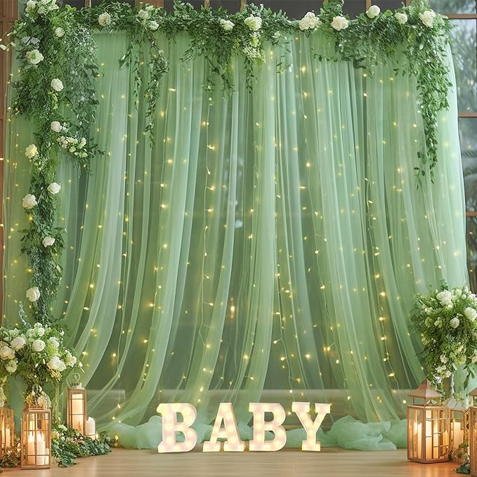 20×10ft Green Tulle Backdrop Curtain with Lights String for Parties, Sheer Photo Backdrop Curtains for Wedding Party Photography Background