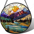 Stained Glass Window Hanging, Blue Lake Golden Sun Abstract Mountains Landscape Suncatcher for Doors Window Home Sun Catchers Decor Mother's Day Birthday Gifts for Women Men Mom 15 in