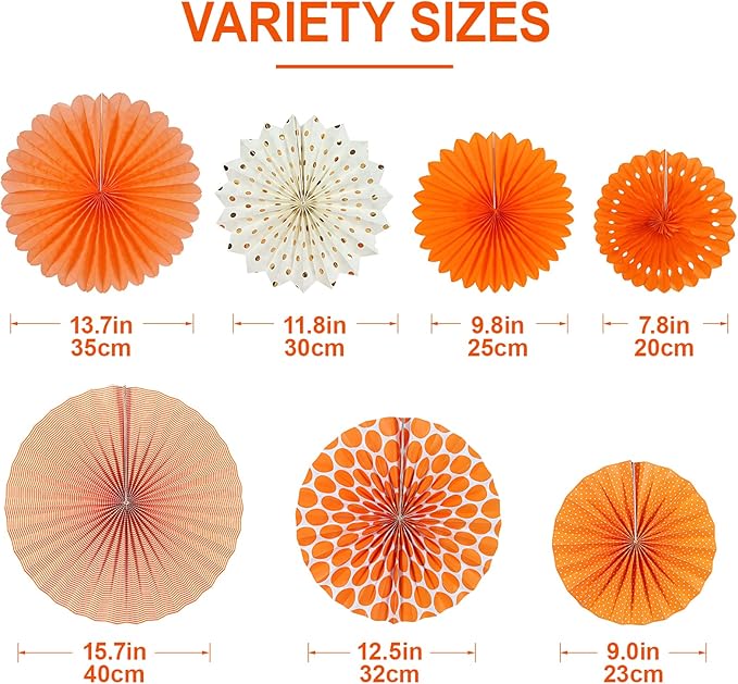 Easy Joy Paper Fans Party Decorations Orange Hanging Paper Fans Sunshine Party Decorations Birthday Wedding Home Classroom Party Hanging Decoration, Set of 7