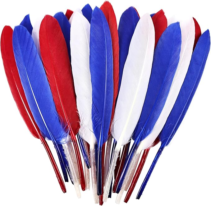 FeelfunFeather 120pcs Colorful Feathers Natural Bulk, 4-6 inch 10-15cm Red Blue White Goose Cochettes Feather for Wedding Party Christmas Halloween Decorations DIY Crafts