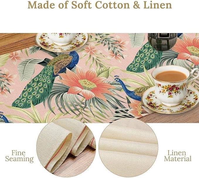 Peacock Table Runner,Pink Flower Peacock Birds Table Runner for Home Kitchen Dining Party Indoor Outdoor Decoration 13x70 Inch