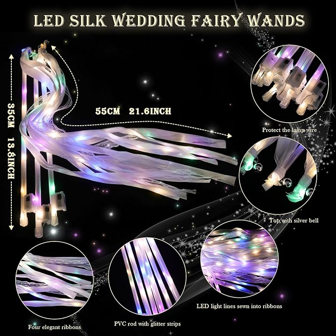 100 Pieces Light up Wedding Wands with Ribbons & Bells –LED Silk Wedd Fairy Wands Streamers with Warm White & Colorful Lights for Wedding Send Off Ideas, Parties, and Celebrations