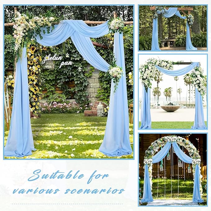 Wedding Arch Drapes Fabric 4 Panels 20Ft Length x 28" Width Baby Blue Arch Draping Chiffon Fabric Sheer Curtains Backdrop for Party Bridal Ceremony Ceiling Decor Wedding Stage Reception Decorations