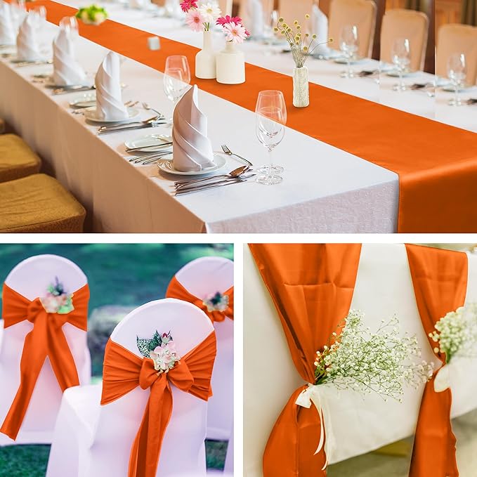 Aneco 12 Pack Satin Table Runner 12 x 108 Inch Orange Long Wedding Satin Silk Table Runner for Wedding Banquet Graduations Birthday Party Decoration