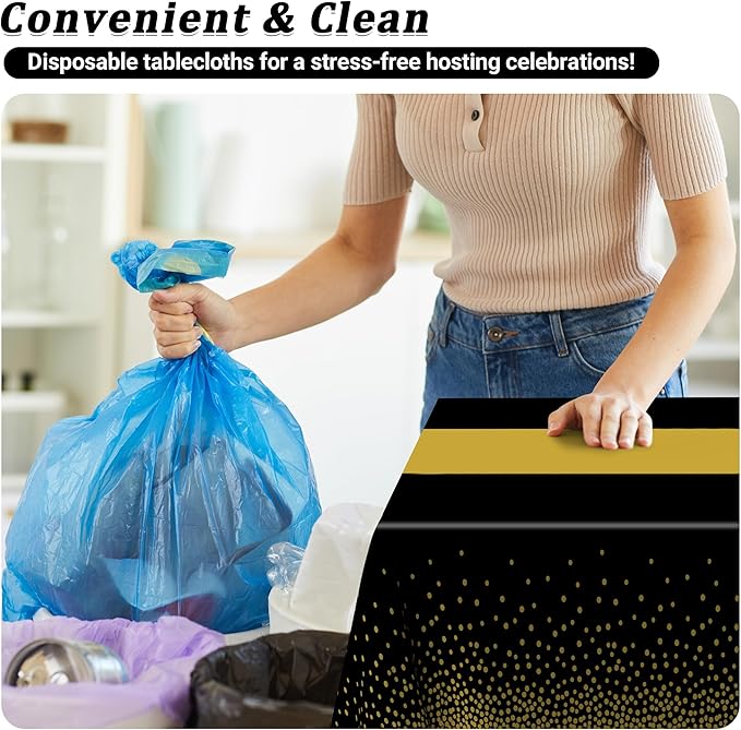4Pack Black and Gold Tablecloths for Events, 54" x 108" Plastic Table Cloth Disposable for Rectangle Tables, Waterproof Table Cloth Cover for New Years Eve Decorations Holiday Birthday Wedding Dining