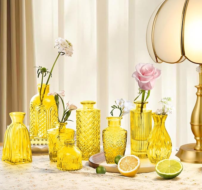 Light Yellow Glass Bud Vases Set, 24 Pcs Vintage Small Vases for Flowers, Crystal Mini Glasses in Bulk, Small Flower Design for Centerpieces Wedding Decorations Home Flower Party Decor