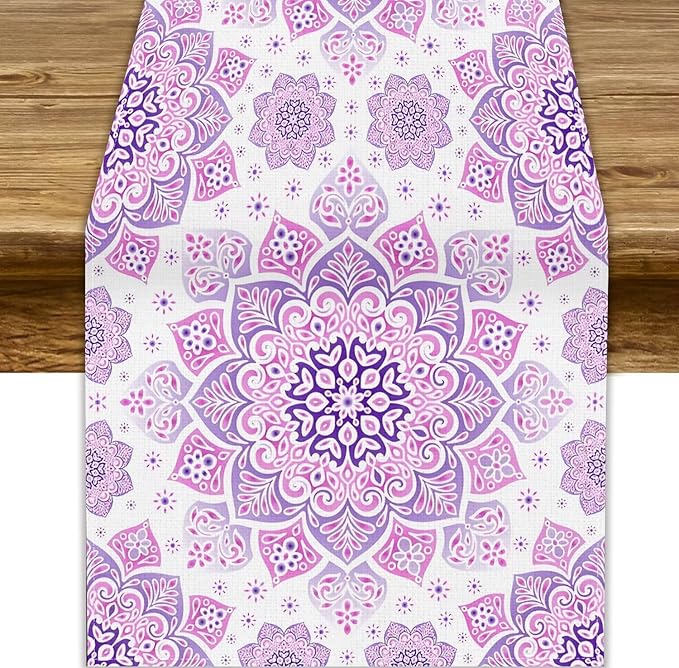 Purple Pink Mandala Table Runner, Traditional Indian Boho Mandala Flowers Print Table Runne for Kitchen Dining Table Office Wedding Party Holiday Home Decor, 13x120inch