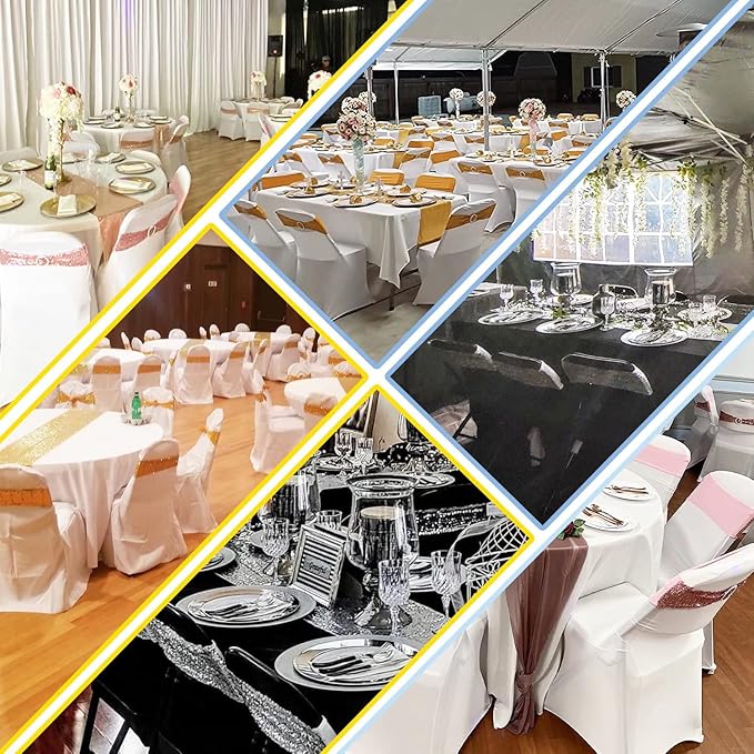 10 Pcs Chair Sashes Sequin Stretch Chair Bands Spandex Polyester Bows for Party Hotel Wedding Banquets Decoration -Silver