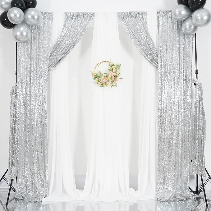 Poise3EHome Silver Sequin Backdrop Curtains,4 Panels 2FTx8FT Glitter Background for Party Birthday Party Baby Shower Wedding Christmas Thanksgiving Halloween Holiday Festival Decor