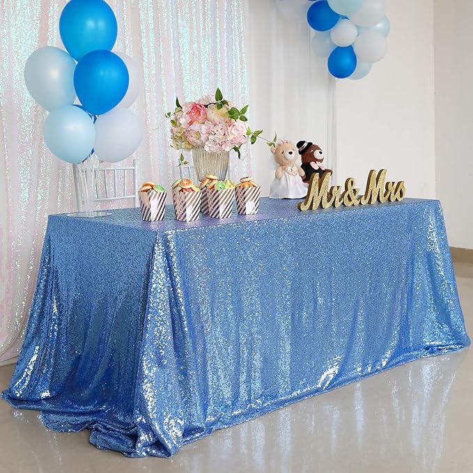 QueenDream Baby Blue Sequin Tablecloth 90x132 Inch Baby Shower Tablecloth Glitter Table Cloth for Wedding Party Decor