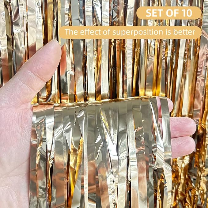 10 Pack Champagne Gold Foil Curtain Backdrop 3.2ft x 9.8ft Metallic Tinsel Foil Fringe Curtains Streamer Photo Booth Backdrop for Birthday Party Engagement Bachelorette Party Decorations