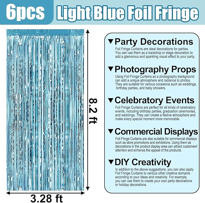 6 Pack Light Blue Foil Fringe Curtain Backdrop, 3.28Ft x 8.2Ft Metallic Tinsel Foil Fringe Streamer Curtains for Photo Booth,Birthday, Christmas Day, New Year, Wedding Party Decorations
