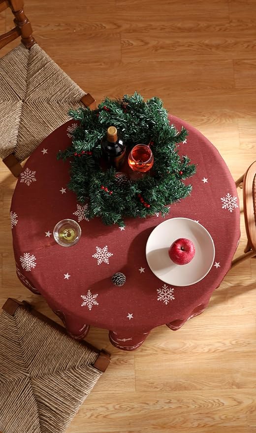 ISAENNE Designer Christmas Red Round Tablecloth,Linen Table Cloth with Snowflakes Pattern,Wrinkle Resistant Decor Tablecloths for Dining Kitchen Thanksgiving Christmas,Diameter 67"-Carol C