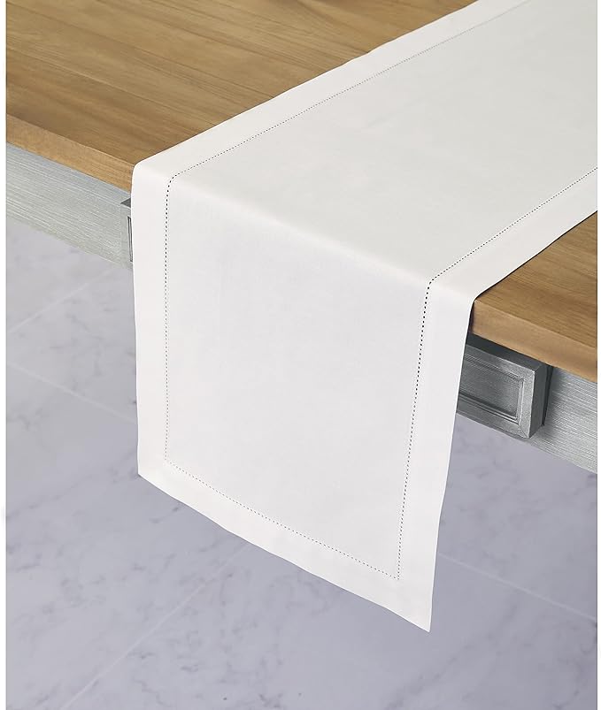 Solino Home White Table Runner 60 Inches - Cotton Linen Hemstitch Coffee Table Runner 14 x 60 Inch Ideal for Dresser Tables - Fall, Autumn, Halloween, Thanksgiving, Christmas, Holiday