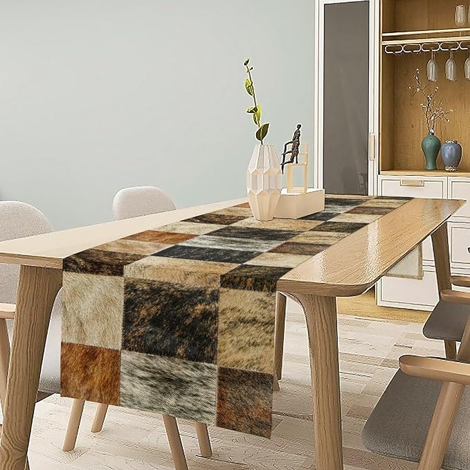 Rustic Cow Skin Patchwork Print Table Runner, Farmhouse Country Western Style Fur Table Cover for Dinning Home Party Holidays Home Setting, 13x70 Inch
