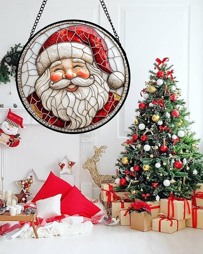 Stained Glass Window Hanging - Red White Santa Claus Suncatcher for Doors Home Christmas Decoration Winter Sun Catcher Thanksgiving New Year Birthday Gifts for Women Men Mom Nana Girl 15 in