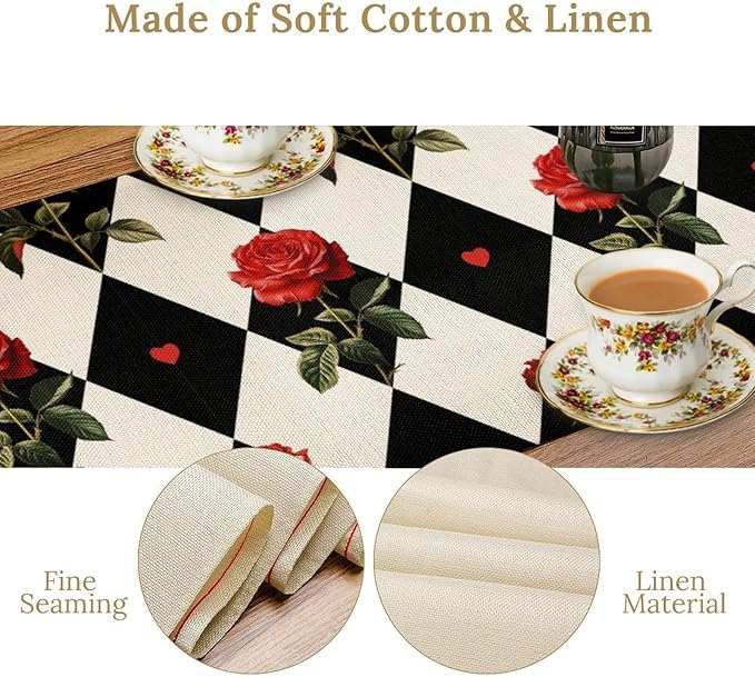 Vintage Rose Table Runner, Red Rose Hearts Black White Checkered Background Table Runner for Kitchen Dinning Table Runner Decor Home Wedding Party Holiday, 13x90 Inch