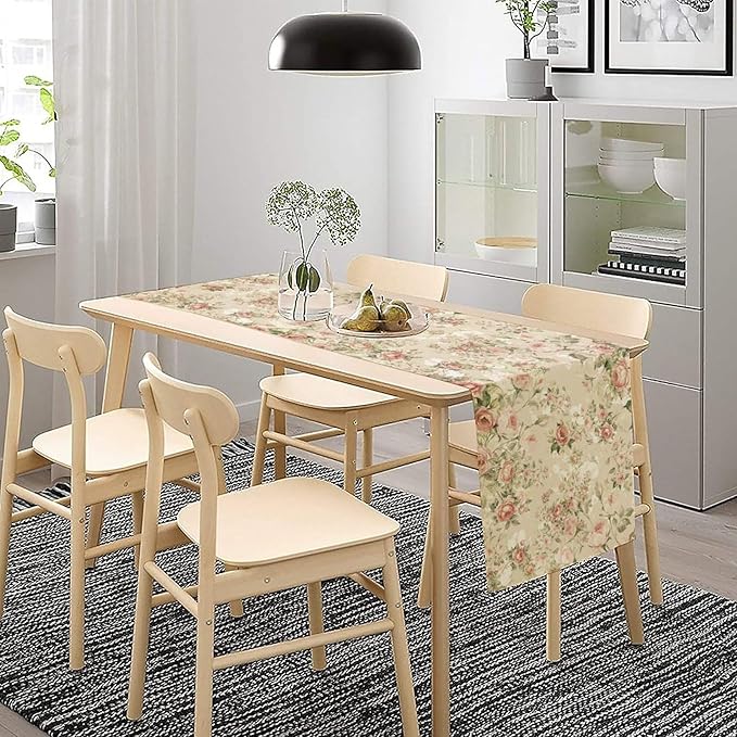 Lovely Rose Table Runner, Red and White Vintage Rose Delicate Floral Natural Pattern Long Table Restaurant Kitchen Holiday Party Decoration,13in（33cm） W * 90in（229cm） L