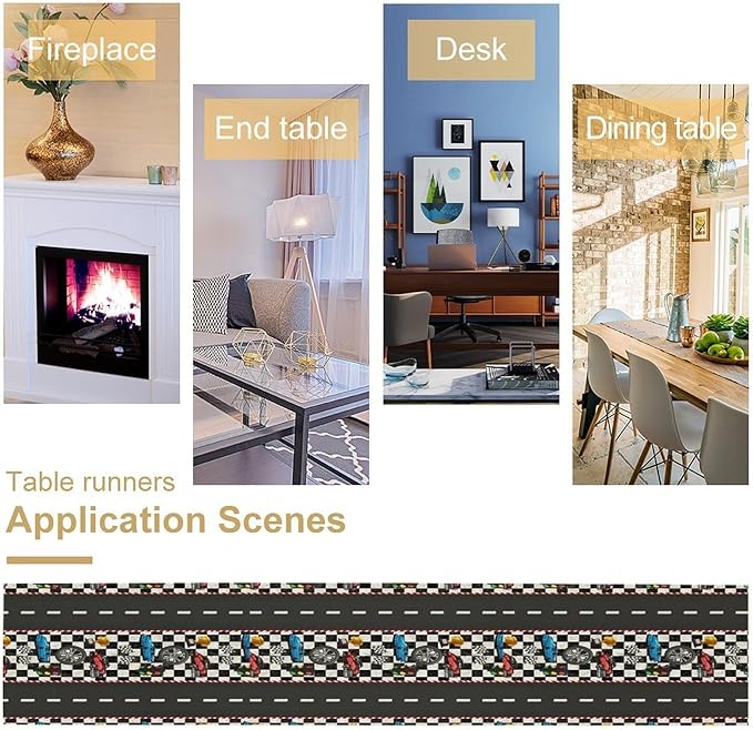 Race Car Table Runner,Checkered Flag Black and White Race Cars Pattern Print Tablecloth Burlap for Hotel Indoors Outdoor Dining Room Kitchen Home Decor,W13X L80 in