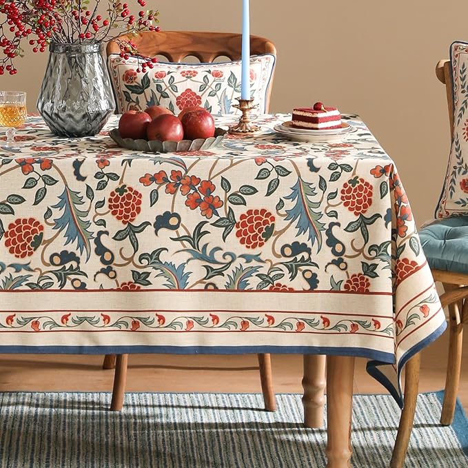 patdrea Designer Vintage Linen Tablecloth for Rectangle Table,French Soft Durable Floral Tablecloths,Colorful Table Cover for Kitchen Dining,Parties,Christmas,Thanksgiving,Party,55"x87"-Puno