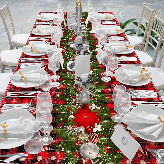 12Pcs Christmas Buffalo Plaid Snowflake Tablecloths,Plastic Red and Black Checkered Rectangle Christmas Tree Color Ball Table Cover for Winter Christmas New Year Holiday Party Decorations,54x108 inch