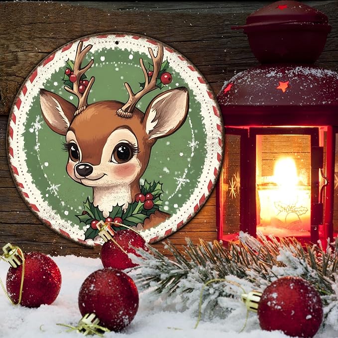 Round Retro Reindeer Metal Tin Sign - Vintage Christmas Decor for Home Coffee Wall - 12 * 12 in