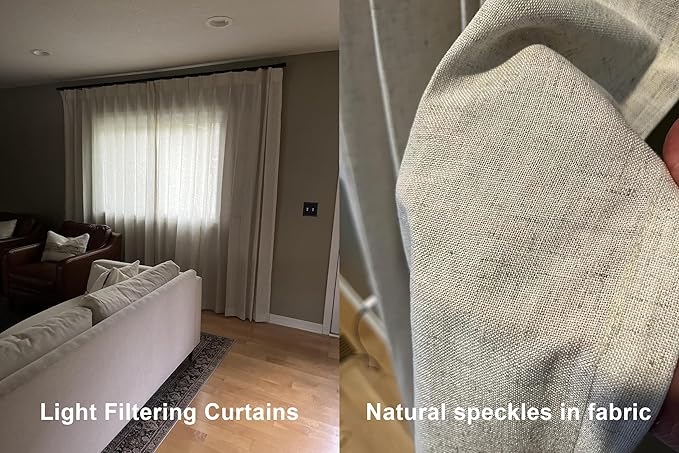 Vision Home Natural Pinch Pleated Semi Sheer Curtains Textured Linen Blended Light Filtering Window Curtains 108 inch for Living Room Bedroom Patio Pinch Pleat Drapes with Hooks 1 Panel 60" Wx108 L