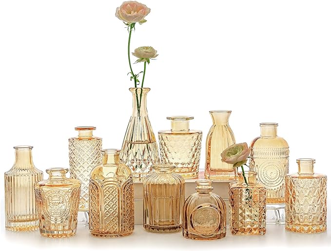 12pcs Glass Bud Vase Set, Small Gold Amber Flower Vases for Centerpieces in Bulk, Mini Vintage Vase for Wedding, Home,Table Decoration