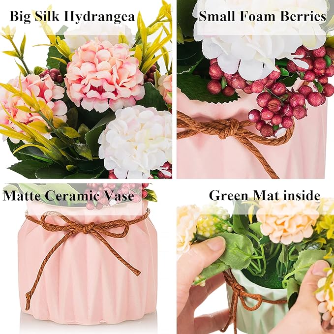 BLOSMON Fake Flowers in Vase for Centerpieces: 4 PCS 5.9 Inch Small Artificial Hydrangea with Vase Table Decor - Faux Floral Arrangements Desk Home Party Bathroom Office Decorations