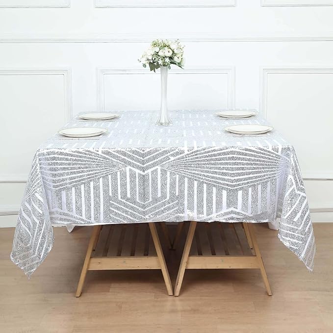 Efavormart 72" Silver Sparkly Sequin Geometric Tulle Square Table Overlay