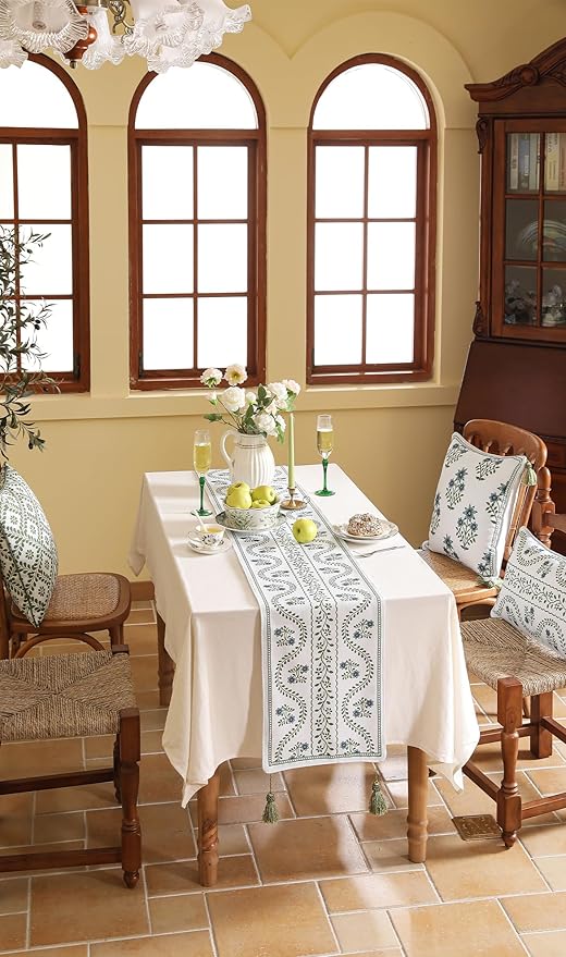ISAENNE Designer White Elegant Linen Extra Long Table Runner 118 Inches,Chinoiserie Floral Decor Durable Table Runners for Dining Tables,Thanksgiving,Kitchen Tables,Christmas,12"*118"-Mosella D