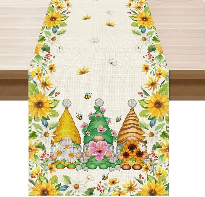 XCHI Yellow White Daisies Flowers Gnomes Spring Table Runner Burlap Table Decoration for Summer Seasonal Home Kitchen Dining Dinner Indoor Holiday Farmhouse Decor 13x108 Inch