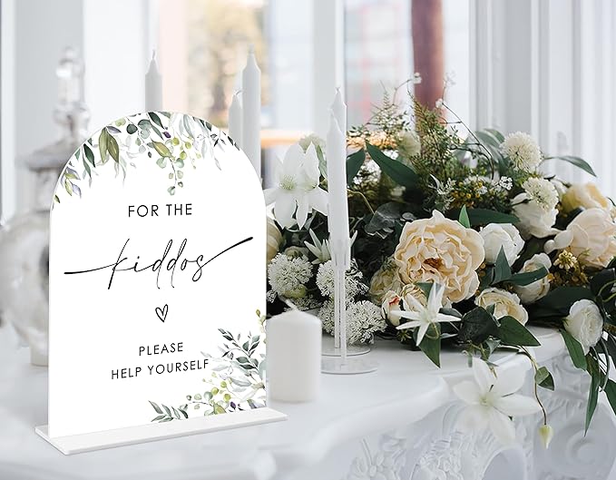 Greenery For the Kiddos Favors Sign, 6 x 8 Inch White Arch Acrylic Wedding Sign with Holder, Wedding Sign for Ceremony and Reception, Wedding Decoration, Wedding Supplies - LY27
