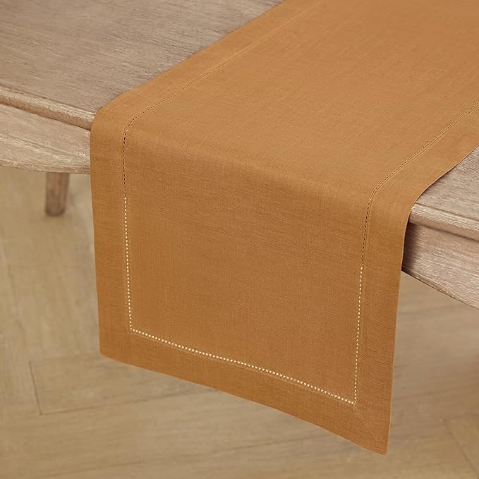 Solino Home Linen Brown Sugar Table Runner 72 Inches Long - 100% Pure Linen Hemstitch Table Runner 14 x 72 Inch for Dresser, Dining, Fall, Autumn, Halloween, Thanksgiving - Classic Hemstitch